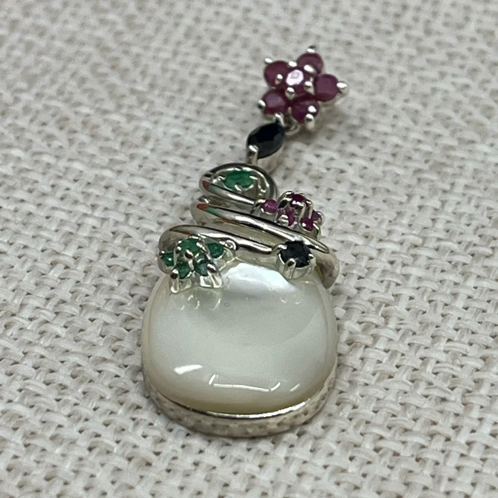 Vintage Sterling Silver Mother of Pearl & Gemstone Pendant